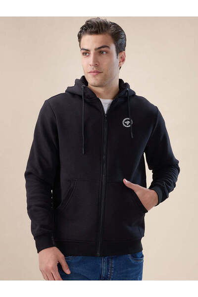 STATUS QUO Solid Brand Logo Hooded Zipper Regular Fit Black Sweatshirt