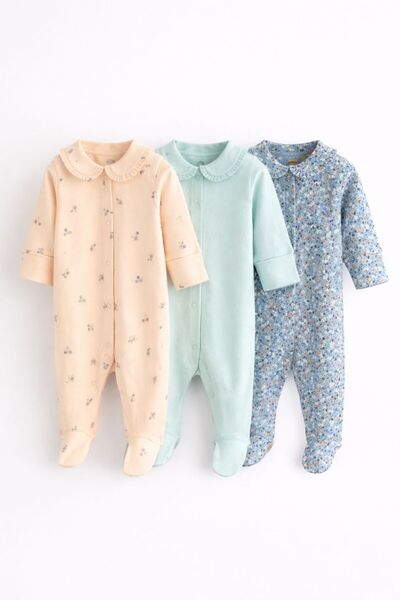 Next Baby Pamuklu Krem Mavi Baskılı 3'lü Tulum Set