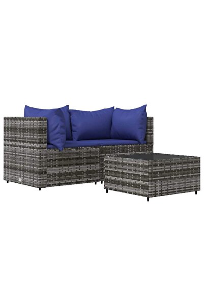 vidaxl Set mobilier de grădină cu perne, 3 piese, gri, poliratan