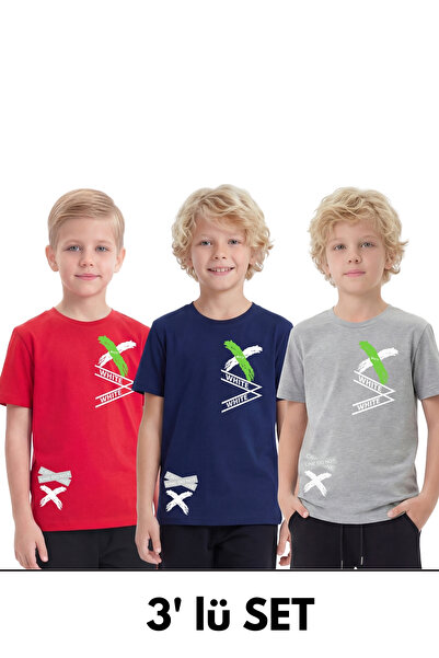 FYK KİDS 3-Pack White Text Printed Round Neck Short Sleeve Boys' Summer T-Shirt