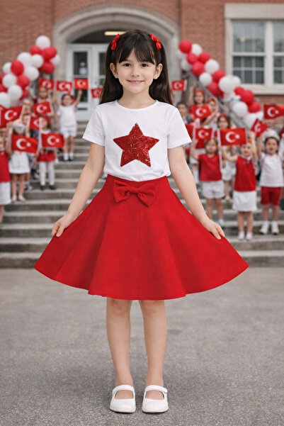HER ŞEY NOTA www.herseynota.com Girl's Starry Bodysuit and Red Skirt Set – Sc...