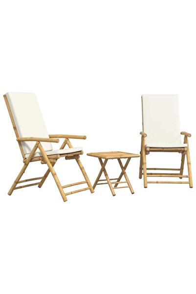 vidaxl Set de bistro pliabil, 3 piese, cu perne alb crem, bambus