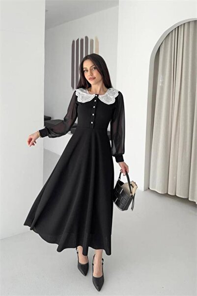 Neşeli Butik rochie neagră de damă cu guler dantelă și detalii cu nasturi din...