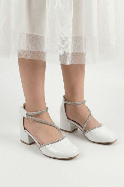 Nubbock Pantofi cu toc încrucișat din piele albă pentru fete NK3142