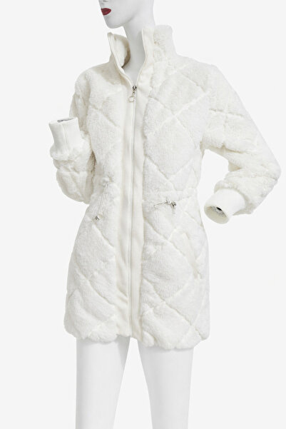 REYYAN Kadın Beyaz Fermuarlı Peluş Kışlık Kaban