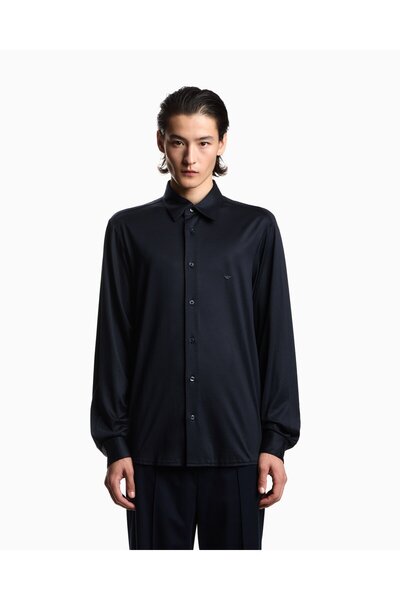 Emporio Armani Men's Brand Logo Long Sleeve Slim Fit Navy Blue Shirt Em004604...