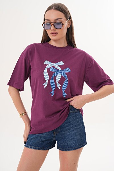 ŞİMAL Women's Print Detailed Crew Neck Oversized T-Shirt 260335