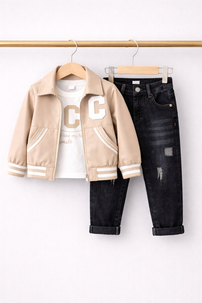 Selvira Boys' 3-Piece Combination Set – Faux Leather Jackets, Printed Long-Sl...