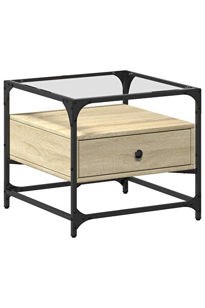 vidaxl Măsuță cafea cu blat din sticlă stejar sonoma 50x50x45 cm oțel