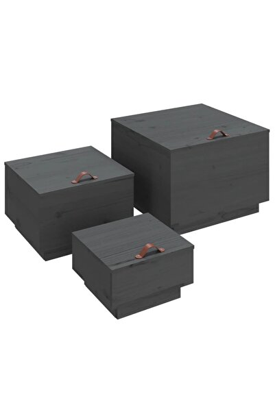 vidaxl Cutii de depozitare cu capace 3 buc., gri, lemn masiv de pin
