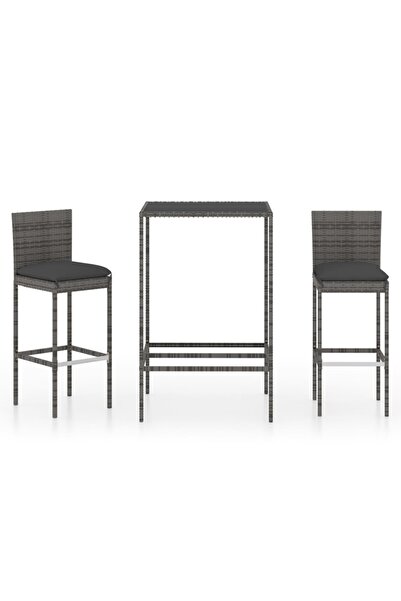 vidaxl Set mobilier bar de grădină, cu perne, 3 piese, gri, poliratan