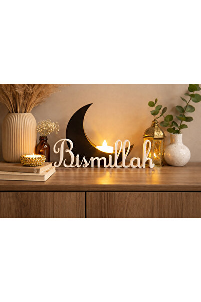 Mey3DDesign Bismillah Yazılı Dekoratif Masa Üstü Süs, Arkada Tealight Led Mum...