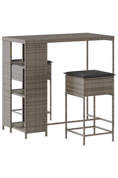 vidaxl Set mobilier bar de grădină, cu perne, 3 piese, gri, poliratan