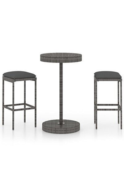 vidaxl Set mobilier bar de grădină, cu perne, 3 piese, gri, poliratan