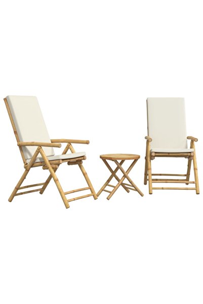 vidaxl Set de bistro pliabil, 3 piese, cu perne alb crem, bambus