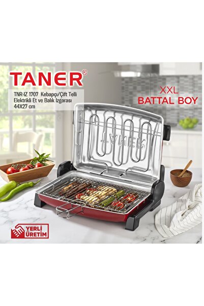 TANER Kebapçı XXL Battal Boy Çift Telli Elektrikli Et Ve Balık Izgarası 44x27cm 1450Watt Kırmızı
