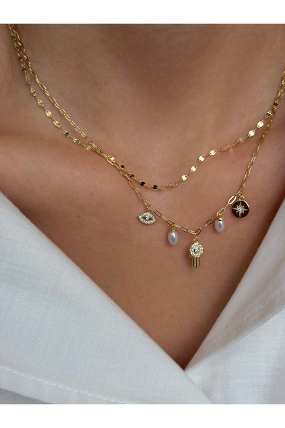 Sade Accessory Sembollü Çift Zincirli Charm Kolye