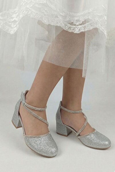 Nubbock Pantofi cu toc pentru fete, argintii, cu sclipici și pietre încrucișa...