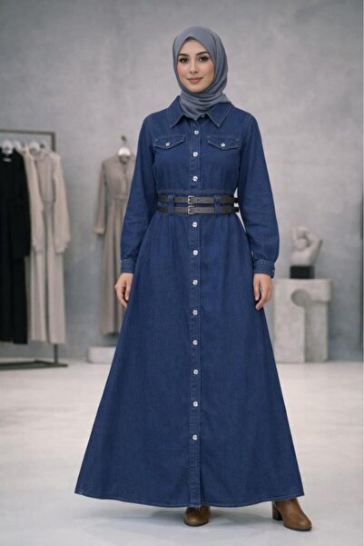 Tebrikler tekstil Women's Stylish Denim Dress with Hijab G4569