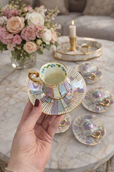 BY.RAYKA PORSELEN El Dekor BASAMAK ALTIN İŞLEME 6 LI KAHVE FİNCAN TAKIMI