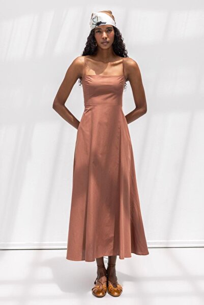 BSL Askılı Volanlı Midi Elbise