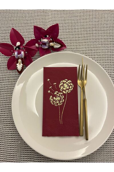 kidspartim Gold Gilded Cherry Colored Chicory Flower Printed Waiter Fold Napk...