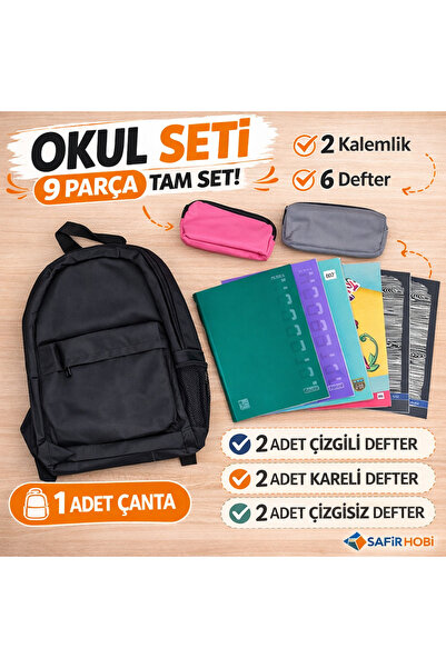 SAFİRHOBİ 9 Parça Okul Seti – Okul Çantası + 2 Kalemlik + 6 Defter (Çizgili K...
