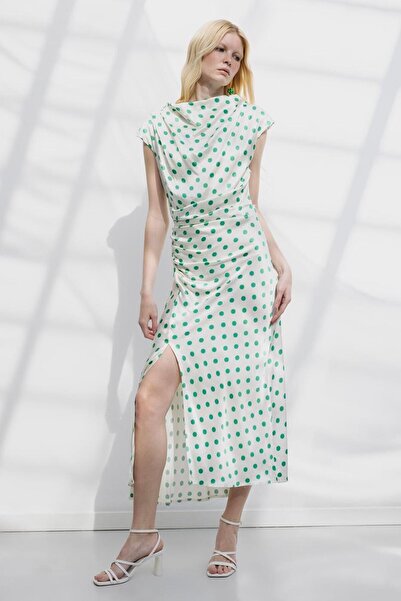 BSL Degaje Yakalı Puantiyeli Midi Elbise