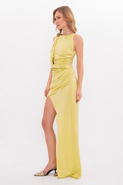 BSL Asimetrik Etek Detaylı Saten Elbise