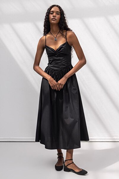 BSL Askılı Korsajlı Midi Elbise