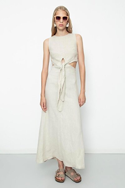 BSL %100 Keten Bağcık Detaylı Midi Elbise