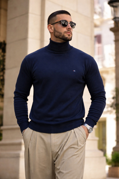 hacker Men's Daily Premium Comfort High-Neck Navy Blue Knitwear Sweater