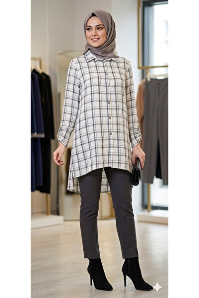 MODA Γκρι καρό μοντέρνο εποχιακό τουνίκ με μεταλλικά κουμπιά μπροστά, μανίκια...