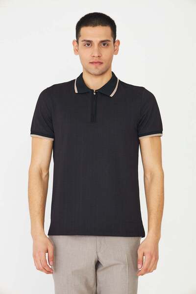 White Stone Black Zippered Polo Collar Men's T-Shirt