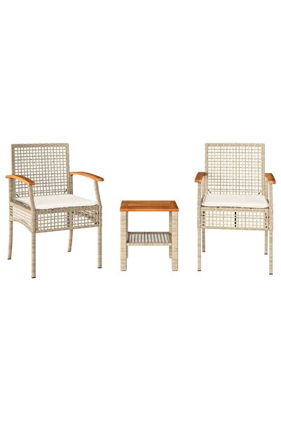vidaxl Set bistro cu perne, 3 piese, bej, poliratan și lemn acacia