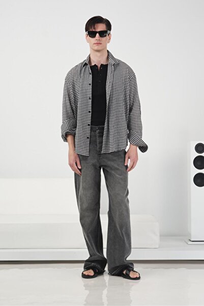 GIESTO Kare Patterned Long Sleeve Black Shirt