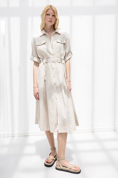 BSL % 100 Keten Midi Gömlek Elbise