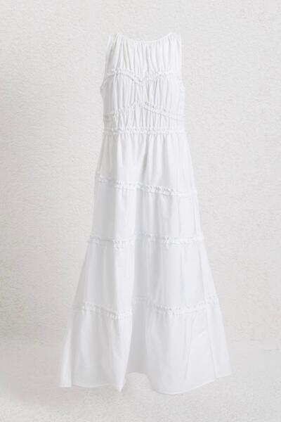 BSL Katlı Volanlı Midi Cotton Elbise