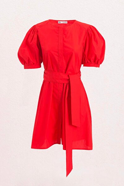 BSL %100 Cotton Balon Kollu Mini Gömlek Elbise