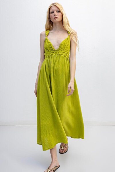 BSL Askılı V Yaka Cotton Midi Elbise