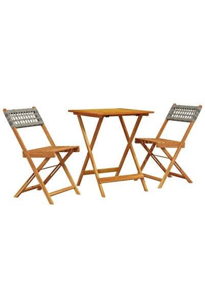 vidaxl Set bistro de grădină, 3 piese, gri, poliratan și lemn masiv