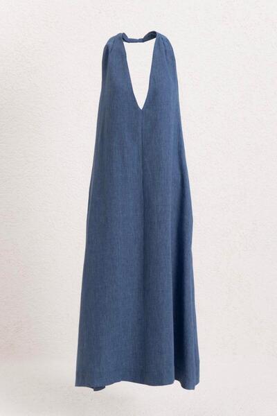 BSL Oversize Keten Karışım Midi Elbise