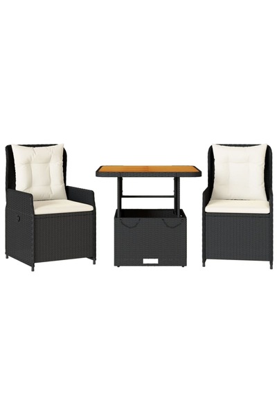 vidaxl Set bistro cu perne, 3 piese, negru, poliratan