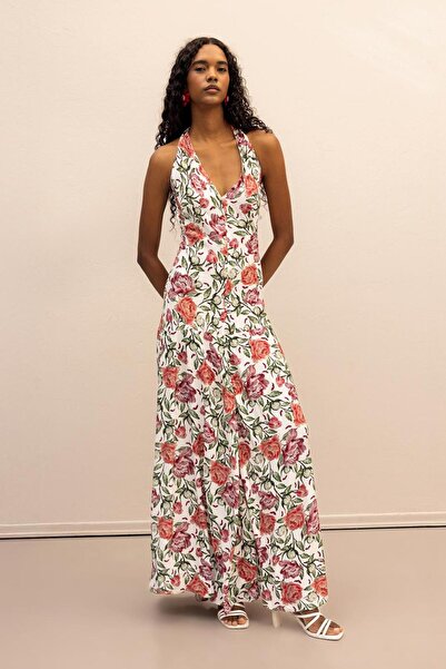 BSL Halter Yakalı Desenli Midi Elbise