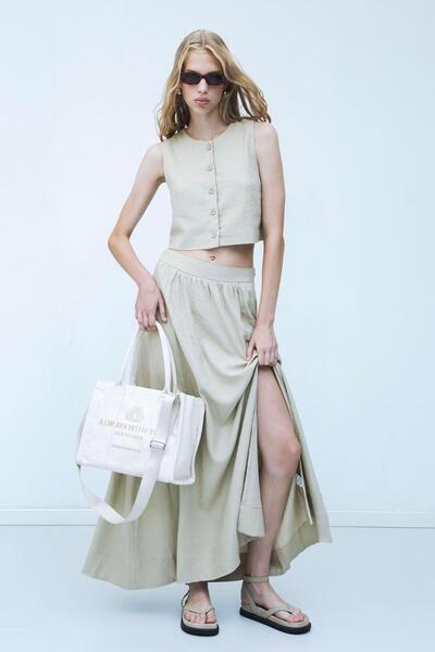 BSL Keten Karışım Midi Etek
