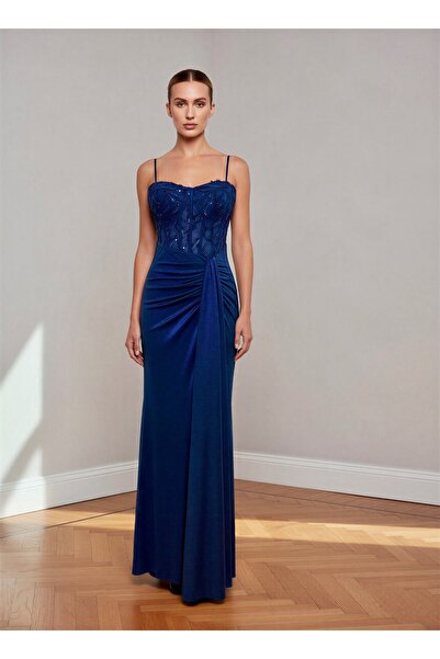 MAXXE 6202SIM ÜSTÜ PAYET ETEĞİ LAME SİMLİ ELBİSE