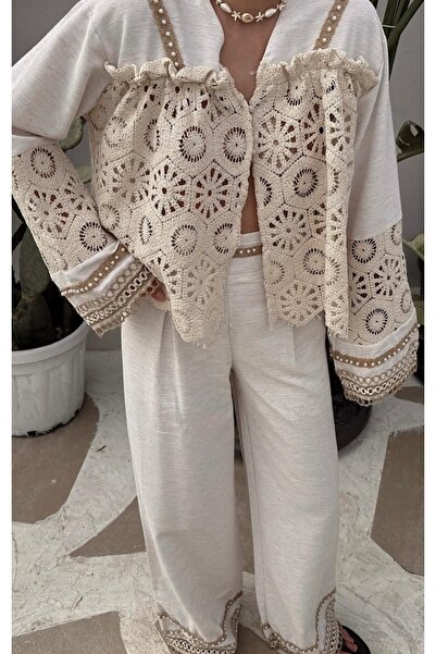 Nihanello Butik Bohem hasır inci detaylı keten pantolon