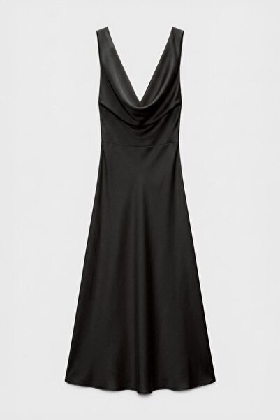 BSL Degaje Yakalı Maksi Saten Elbise