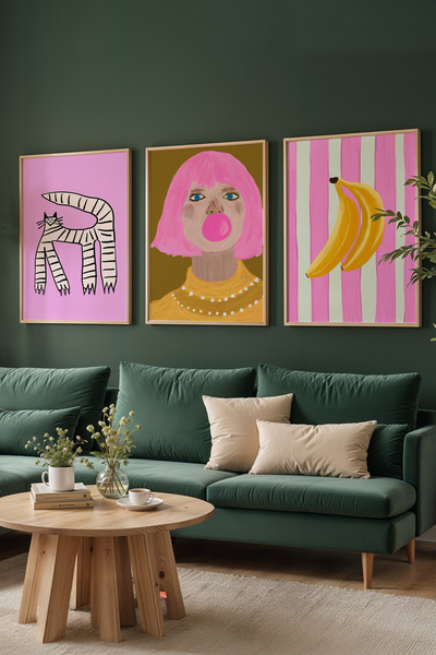 ArtDropsco 3’lü Modern Tablo Seti Kadın Portre Kedi ve Muz İllüstrasyon Poste...