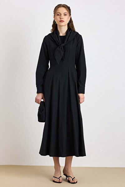 Olcay Scarf Detailed Flared Dress with Cotton Panels Black 9420-E